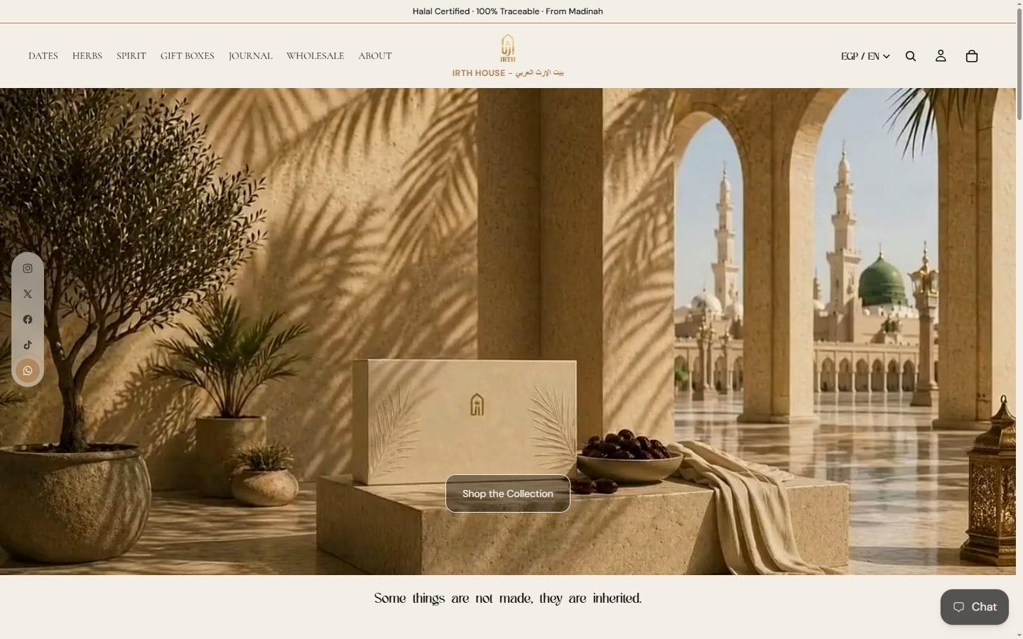 The published IRTH HOUSE storefront — captured directly from the live website.