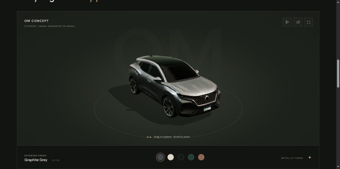 The OM Motors WebGL showcase — an actual browser screenshot.
